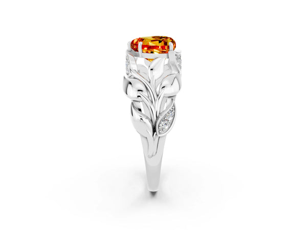 Silver Heart Cut Citrine Leaf-Inspired Engagement Ring with Round Accents and Prong Setting