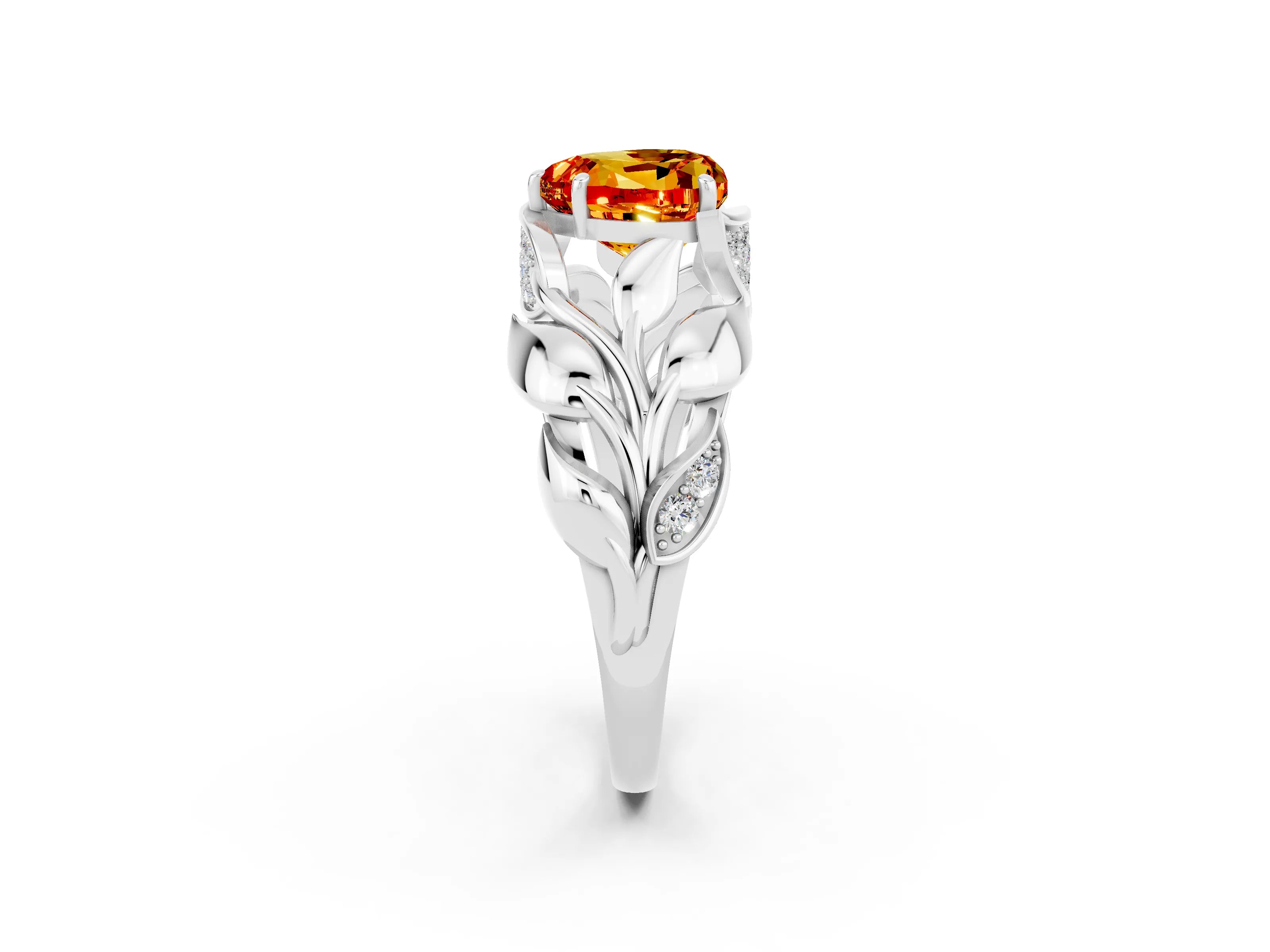 White gold Heart Cut Solitaire Leaf-Inspired Engagement Ring with Prong Setting_2