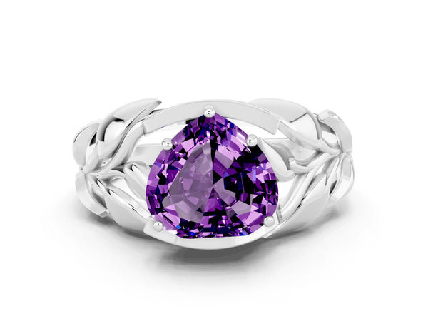 White gold Heart Cut Amethyst Leaf-Inspired Engagement Ring with Round Accents and Prong Setting