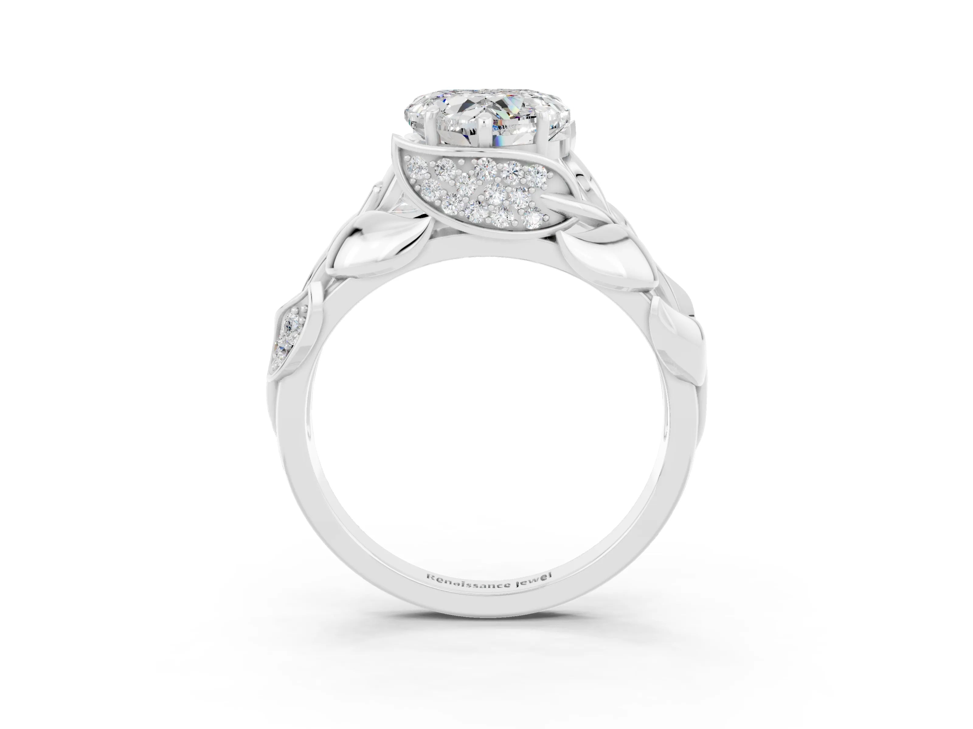 White gold Heart Cut Solitaire Leaf-Inspired Engagement Ring with Prong Setting_3
