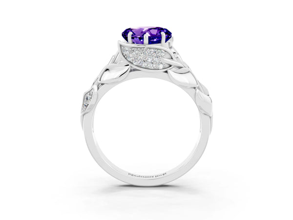 White gold Heart Cut Tanzanite Leaf-Inspired Engagement Ring with Round Accents and Prong Setting