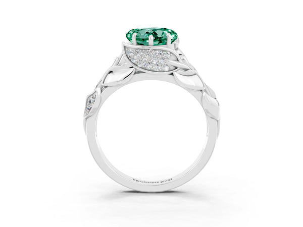 Silver Heart Cut Green Sapphire Leaf-Inspired Engagement Ring with Round Accents and Prong Setting