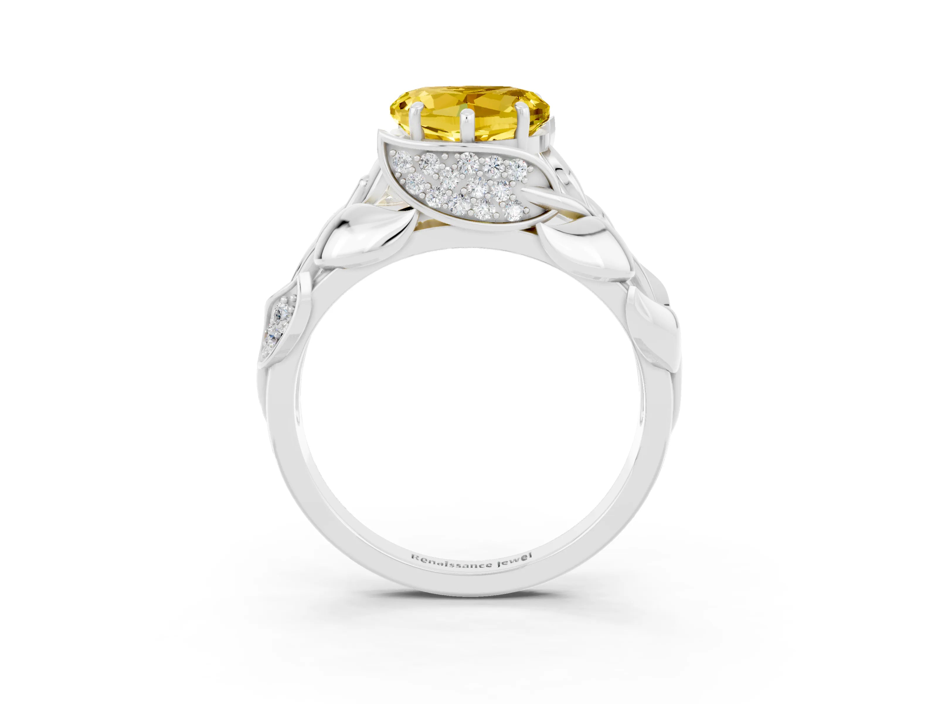 White gold Heart Cut Solitaire Leaf-Inspired Engagement Ring with Prong Setting_3