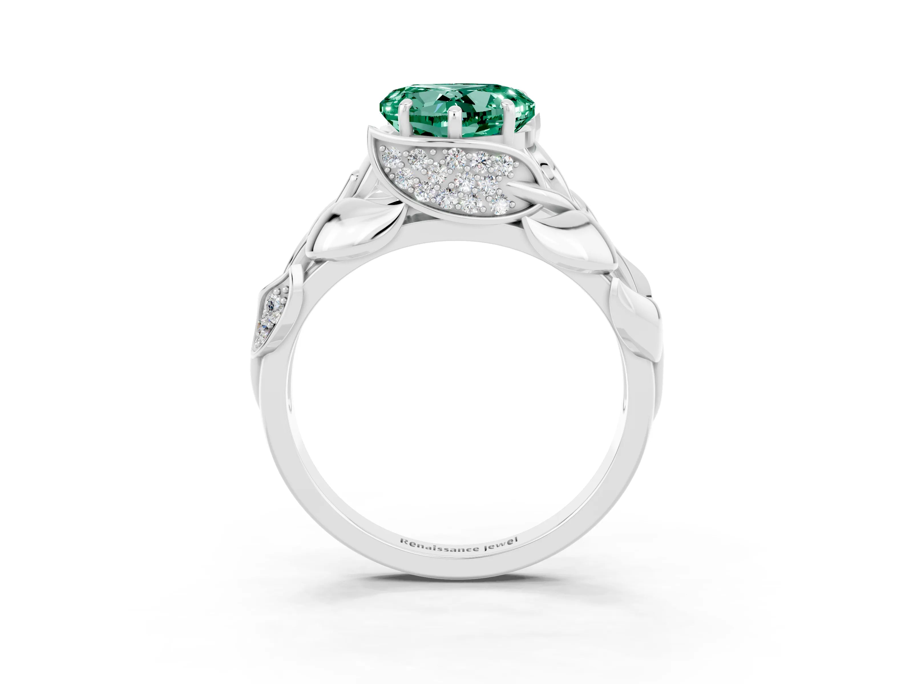 White gold Heart Cut Solitaire Leaf-Inspired Engagement Ring with Prong Setting_3