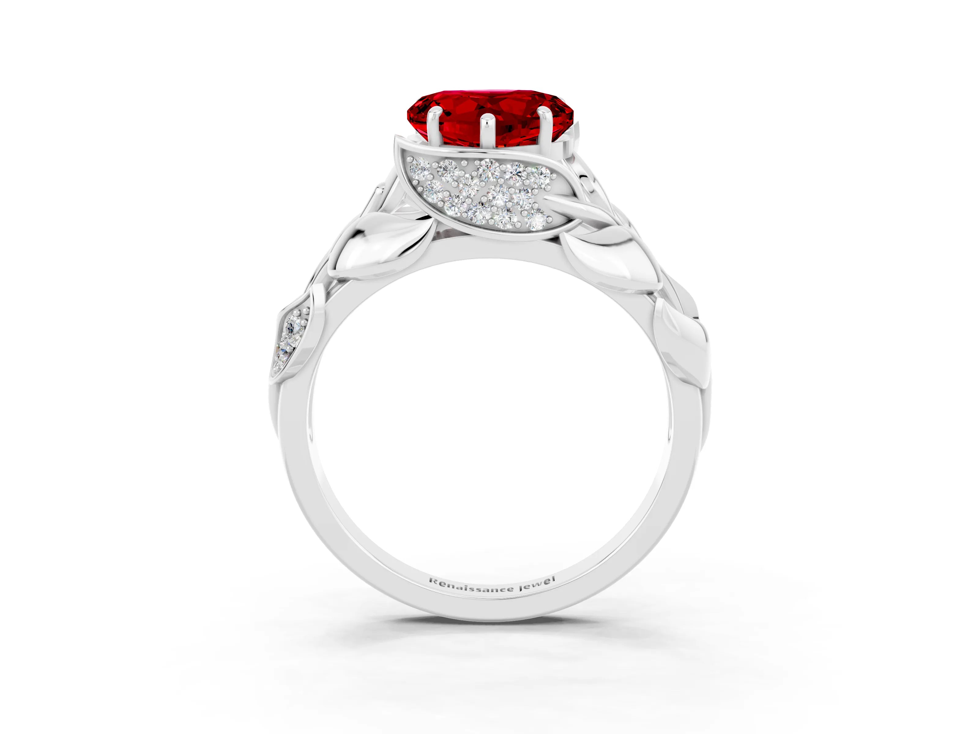 White gold Heart Cut Solitaire Leaf-Inspired Engagement Ring with Prong Setting_3