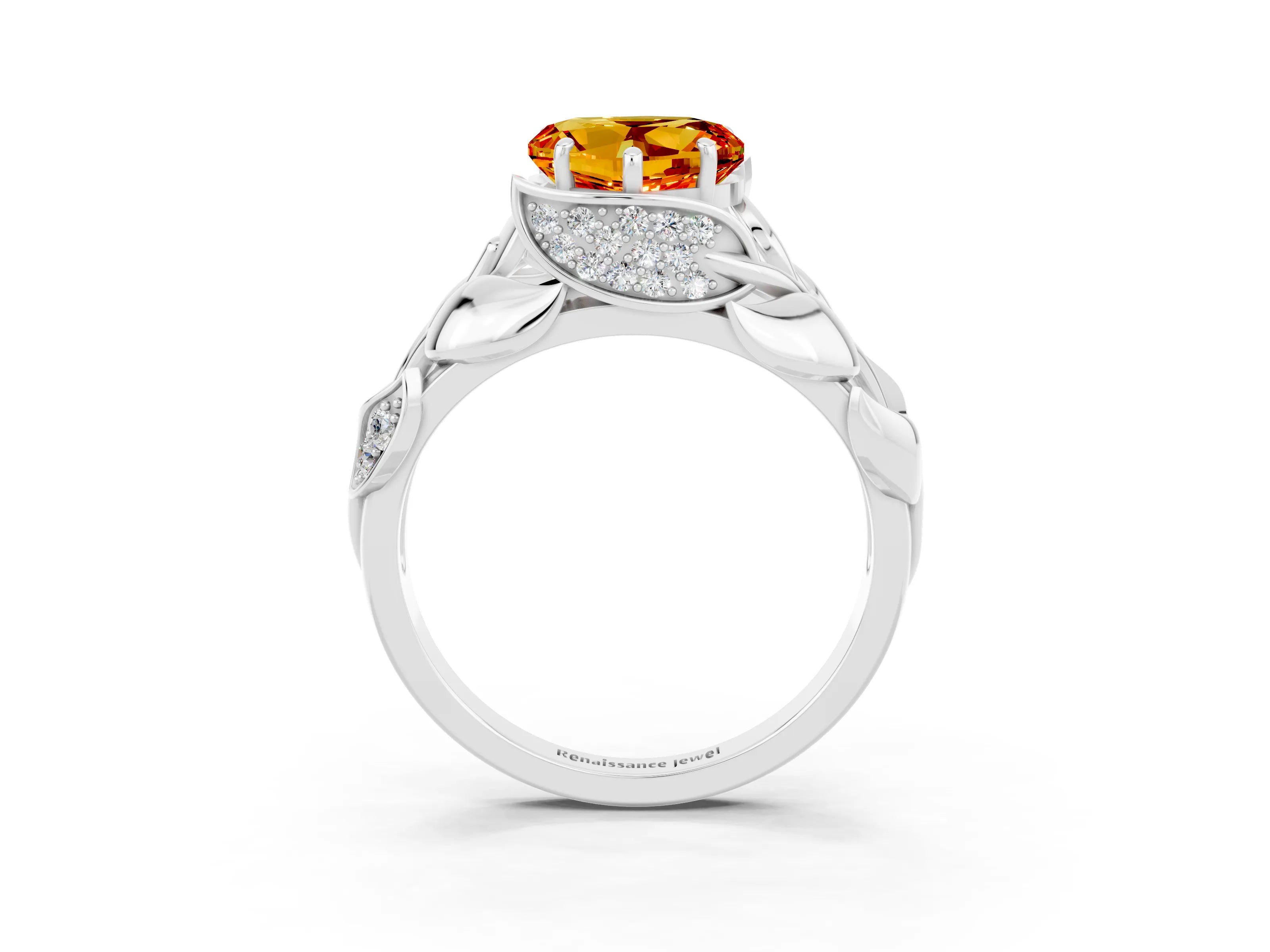 White gold Heart Cut Solitaire Leaf-Inspired Engagement Ring with Prong Setting_3
