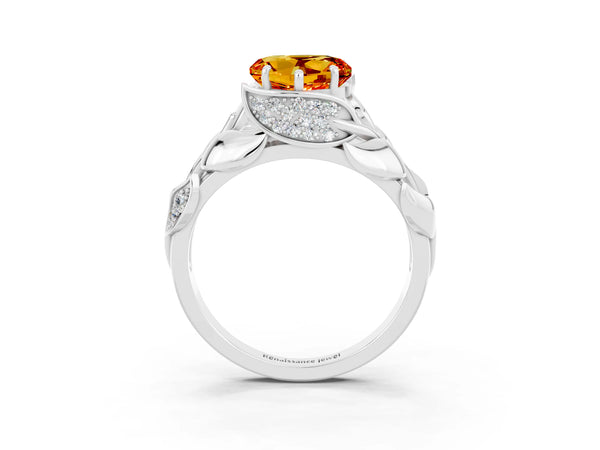 Silver Heart Cut Citrine Leaf-Inspired Engagement Ring with Round Accents and Prong Setting
