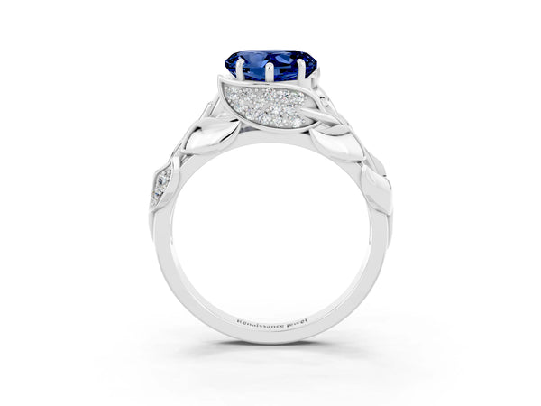 Silver Heart Cut Blue Sapphire Leaf-Inspired Engagement Ring with Round Accents and Prong Setting
