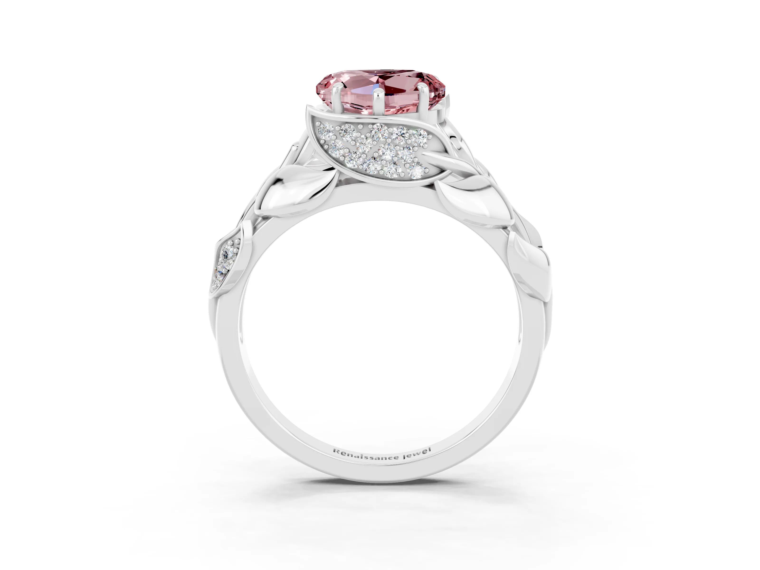 White gold Heart Cut Solitaire Leaf-Inspired Engagement Ring with Prong Setting_3