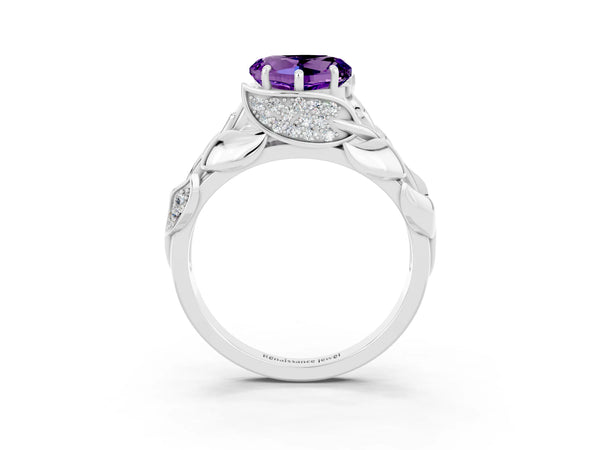 White gold Heart Cut Amethyst Leaf-Inspired Engagement Ring with Round Accents and Prong Setting