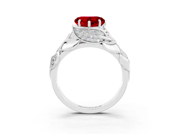 White gold Heart Cut Ruby Leaf-Inspired Engagement Ring with Round Accents and Prong Setting