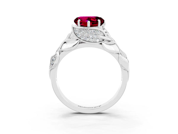 Platinum Heart Cut Garnet Leaf-Inspired Engagement Ring with Round Accents and Prong Setting