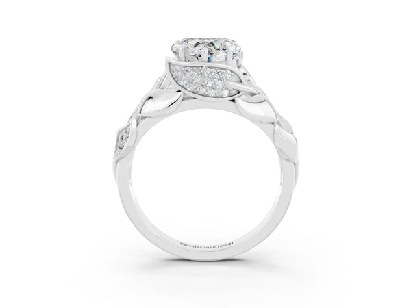 Silver Heart Cut Moissanite Leaf-Inspired Engagement Ring with Round Accents and Prong Setting