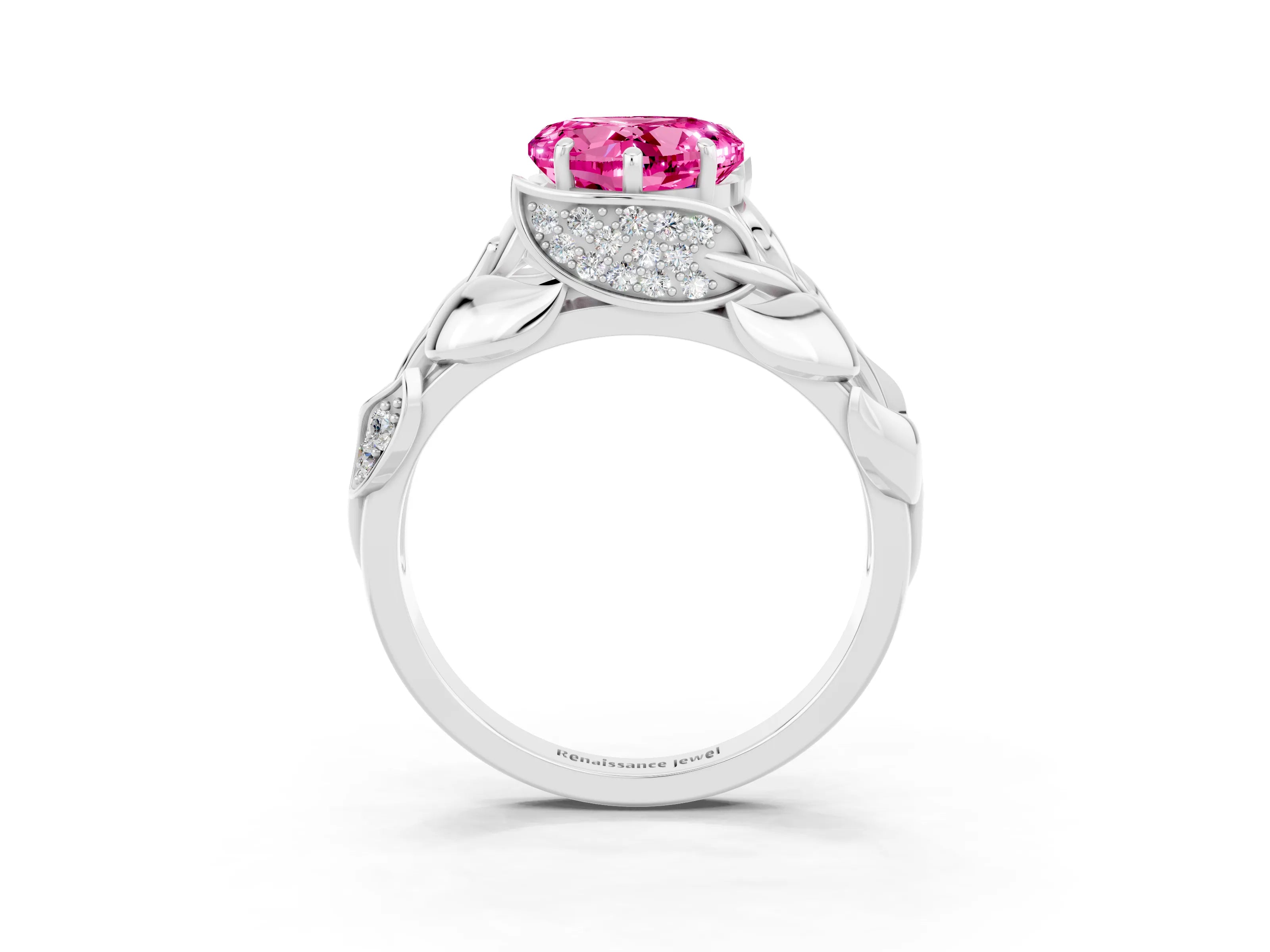 White gold Heart Cut Solitaire Leaf-Inspired Engagement Ring with Prong Setting_3