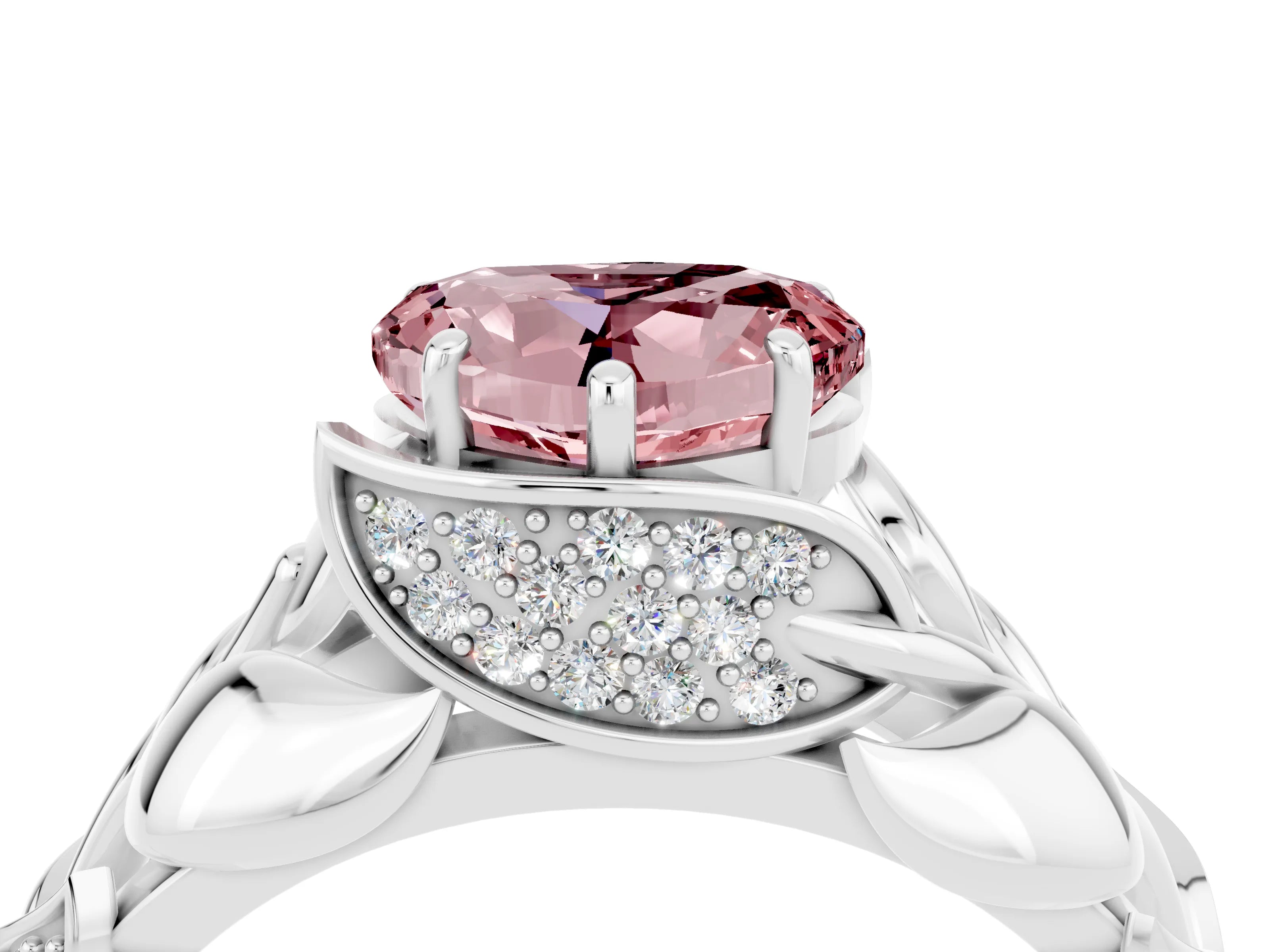 White gold Heart Cut Solitaire Leaf-Inspired Engagement Ring with Prong Setting_4