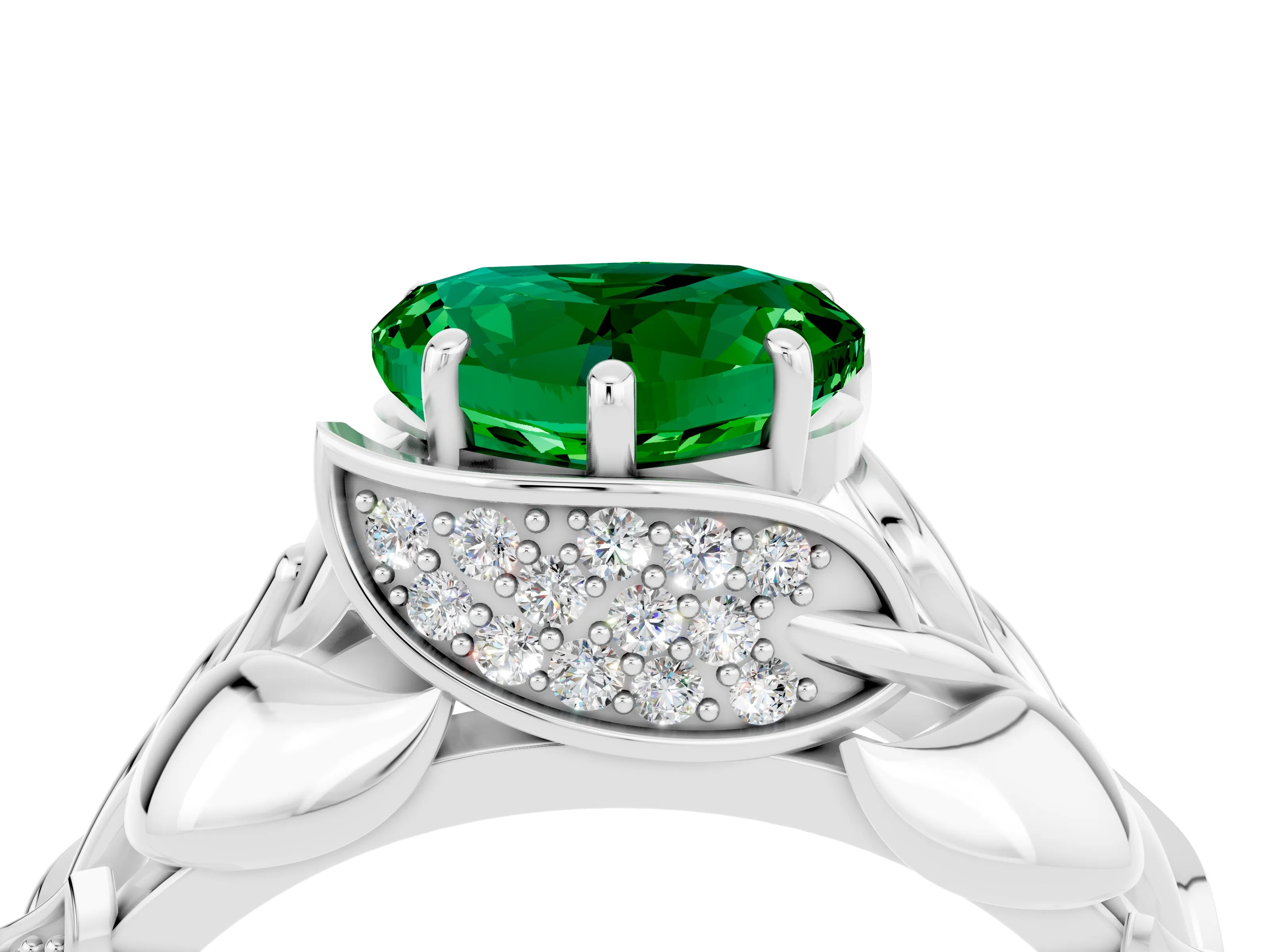 White gold Heart Cut Solitaire Leaf-Inspired Engagement Ring with Prong Setting_4