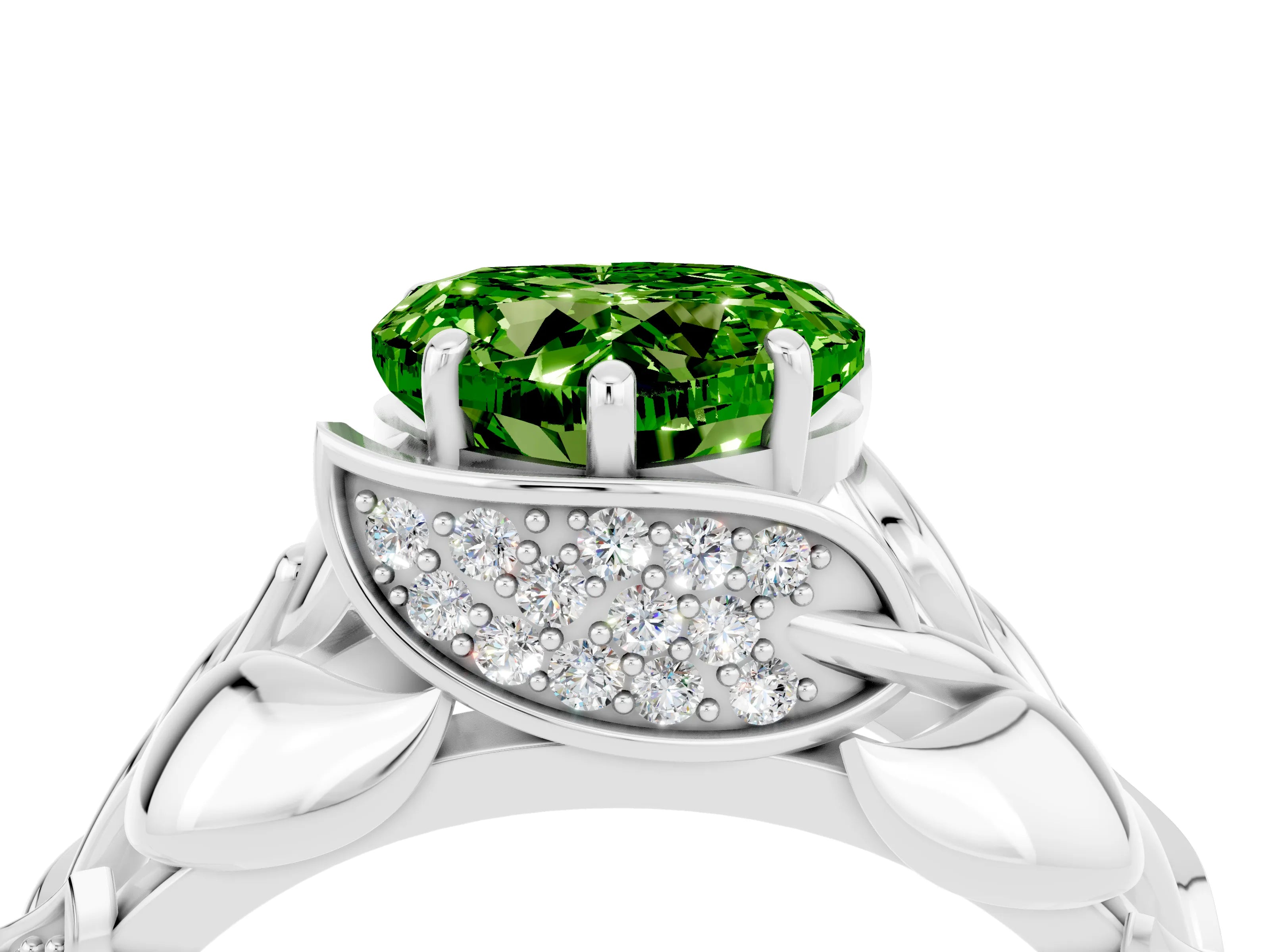 White gold Heart Cut Solitaire Leaf-Inspired Engagement Ring with Prong Setting_4