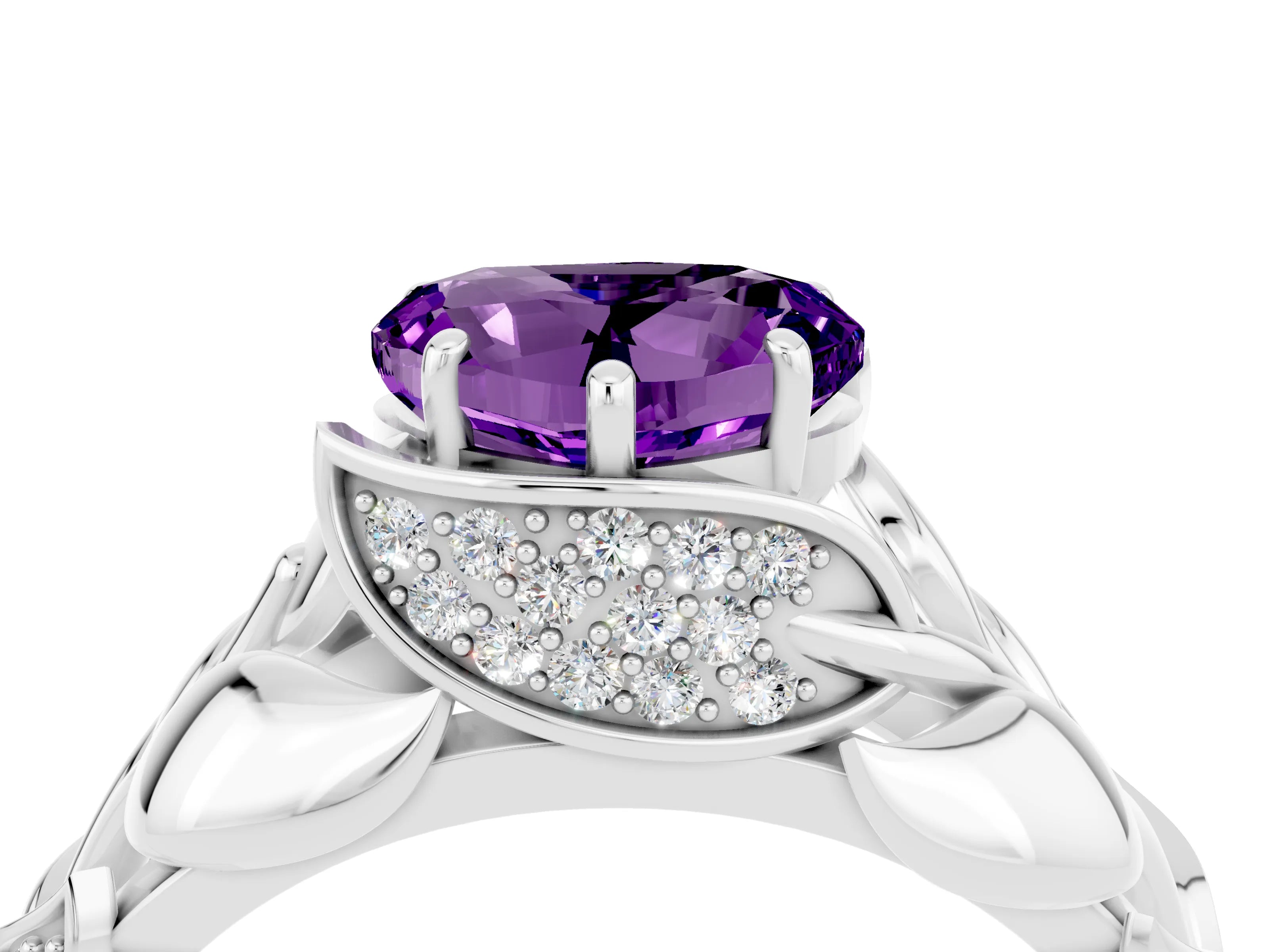 White gold Heart Cut Solitaire Leaf-Inspired Engagement Ring with Prong Setting_4