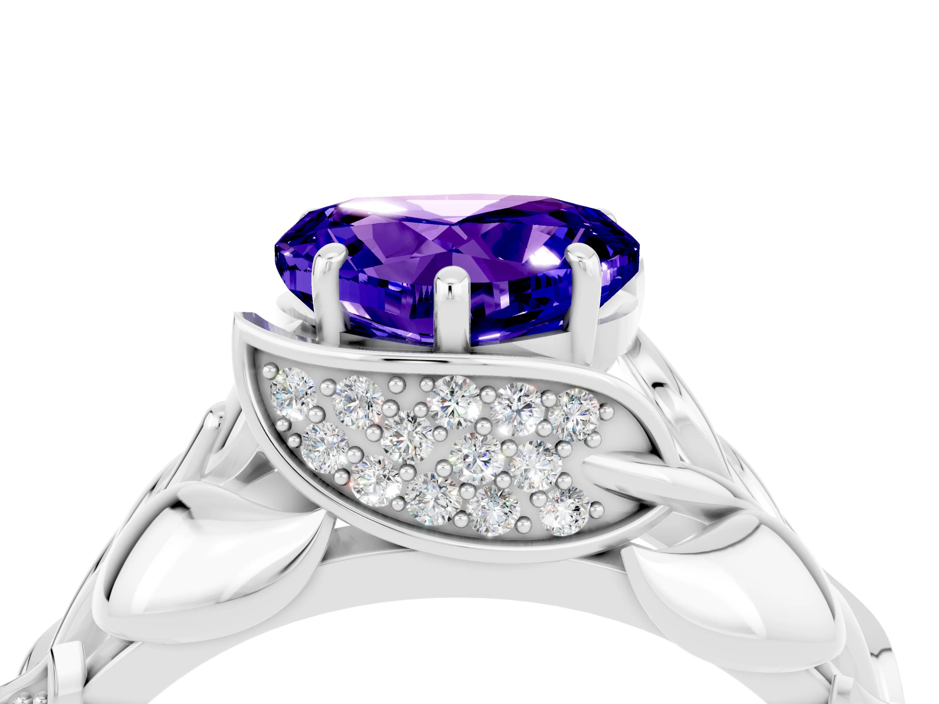 White gold Heart Cut Solitaire Leaf-Inspired Engagement Ring with Prong Setting_4