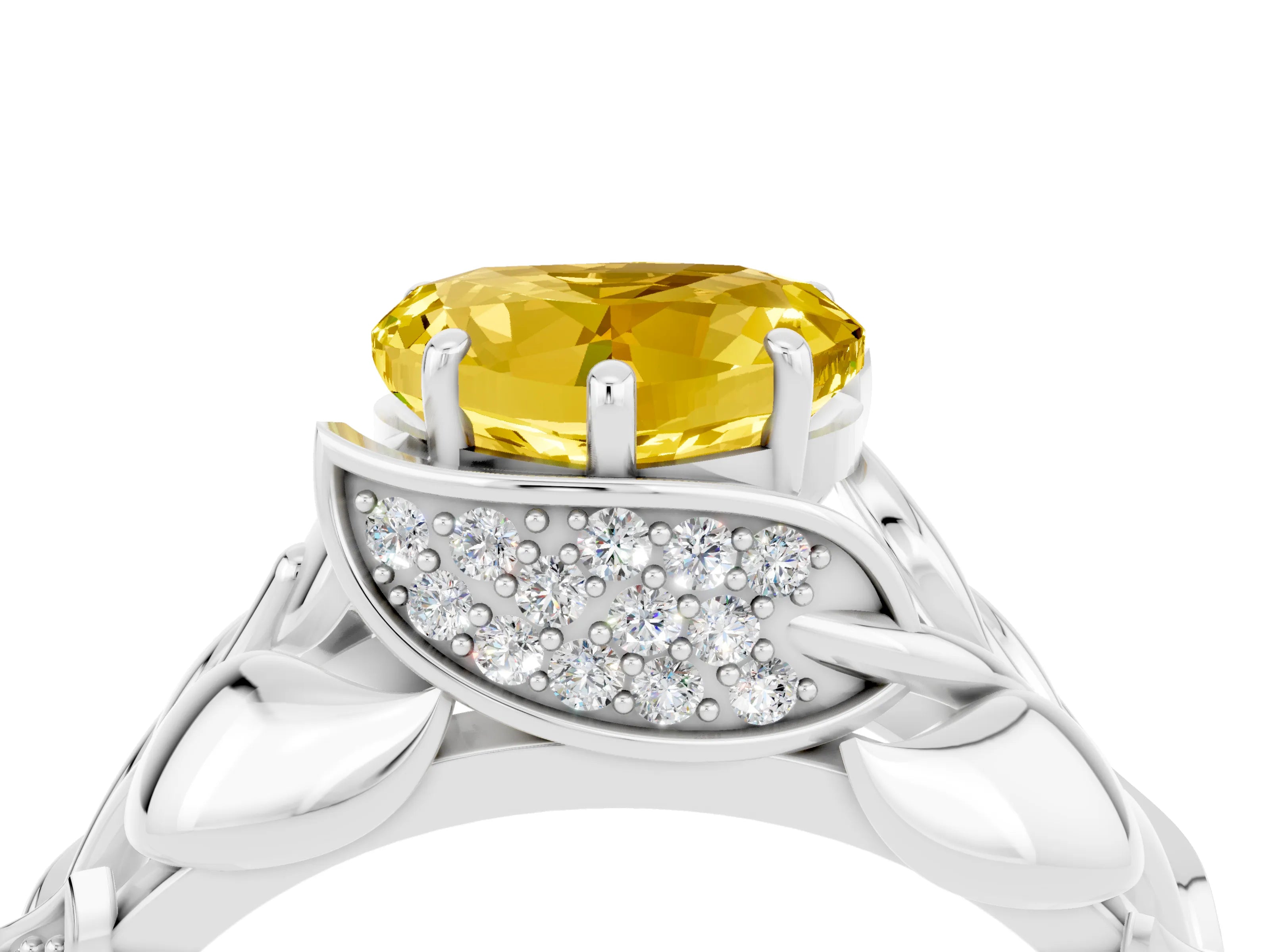 White gold Heart Cut Solitaire Leaf-Inspired Engagement Ring with Prong Setting_4