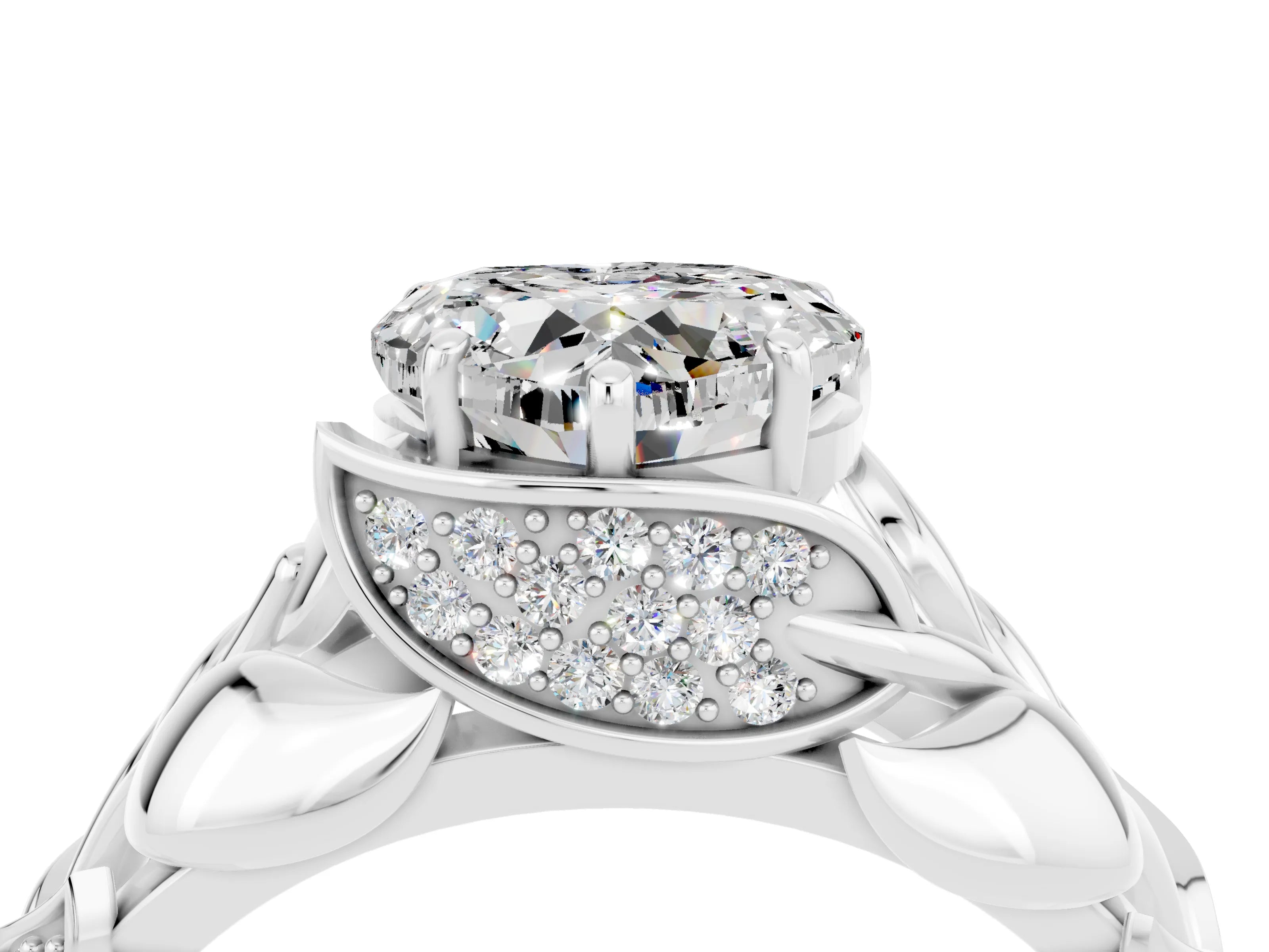 White gold Heart Cut Solitaire Leaf-Inspired Engagement Ring with Prong Setting_4