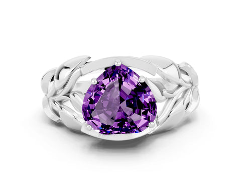 White gold Heart Cut Solitaire Leaf-Inspired Engagement Ring with Prong Setting