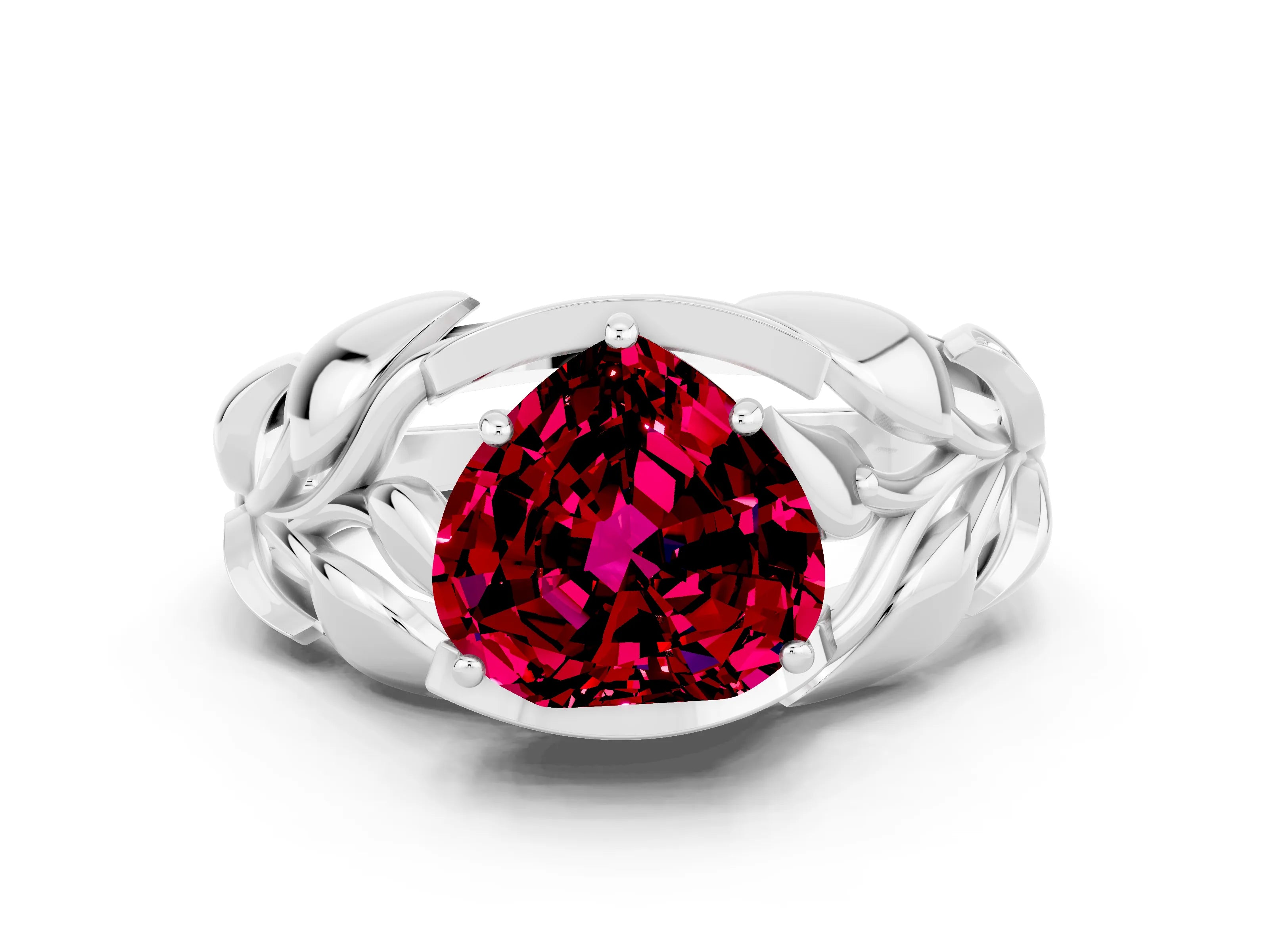 White gold Heart Cut Solitaire Leaf-Inspired Engagement Ring with Prong Setting