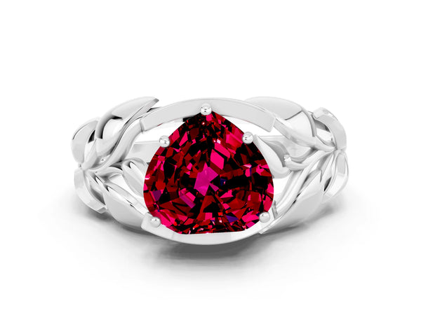 Silver Heart Cut Garnet Leaf-Inspired Engagement Ring with Round Accents and Prong Setting