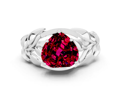 White gold Heart Cut Solitaire Leaf-Inspired Engagement Ring with Prong Setting