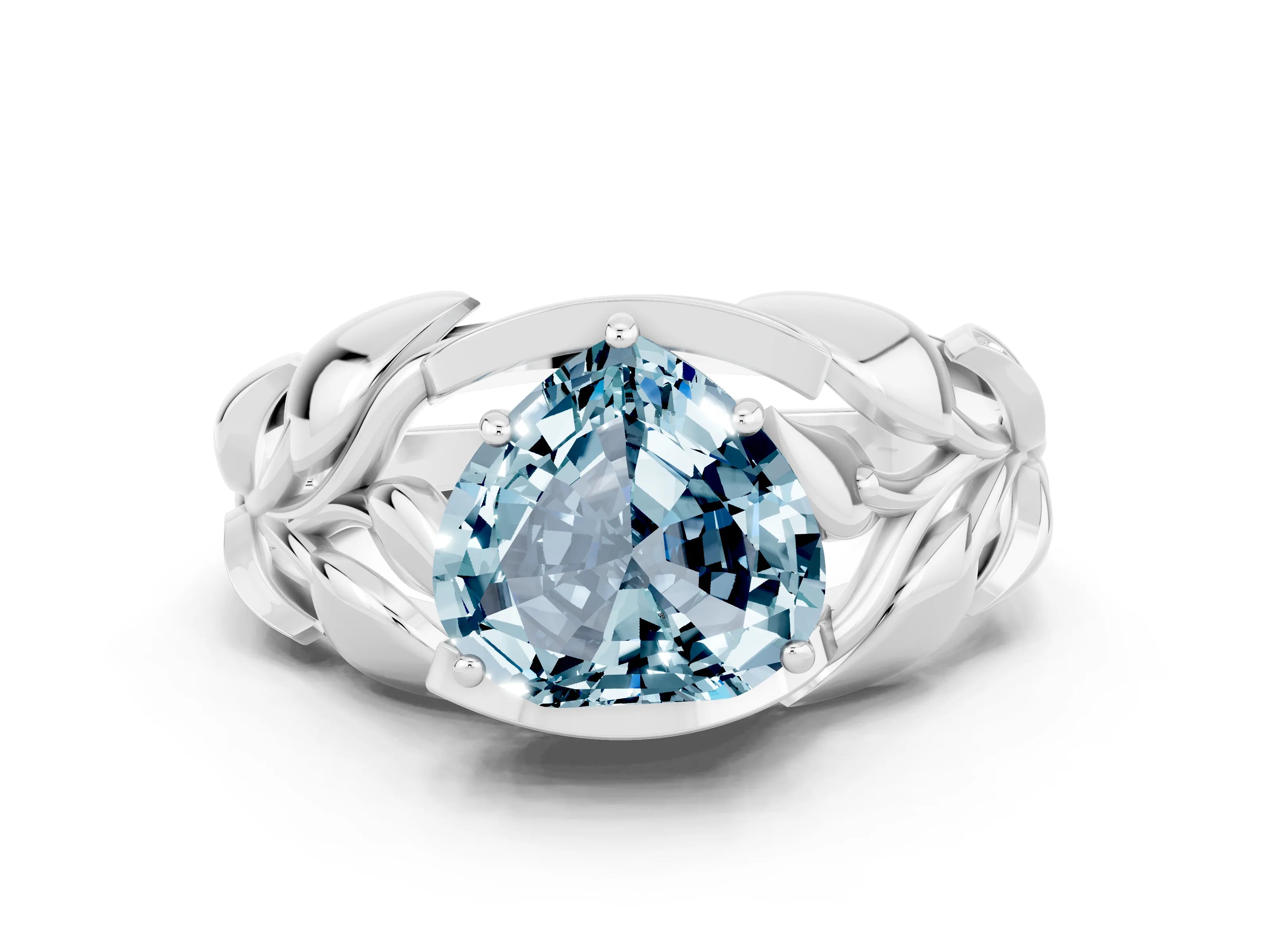 White gold Heart Cut Solitaire Leaf-Inspired Engagement Ring with Prong Setting
