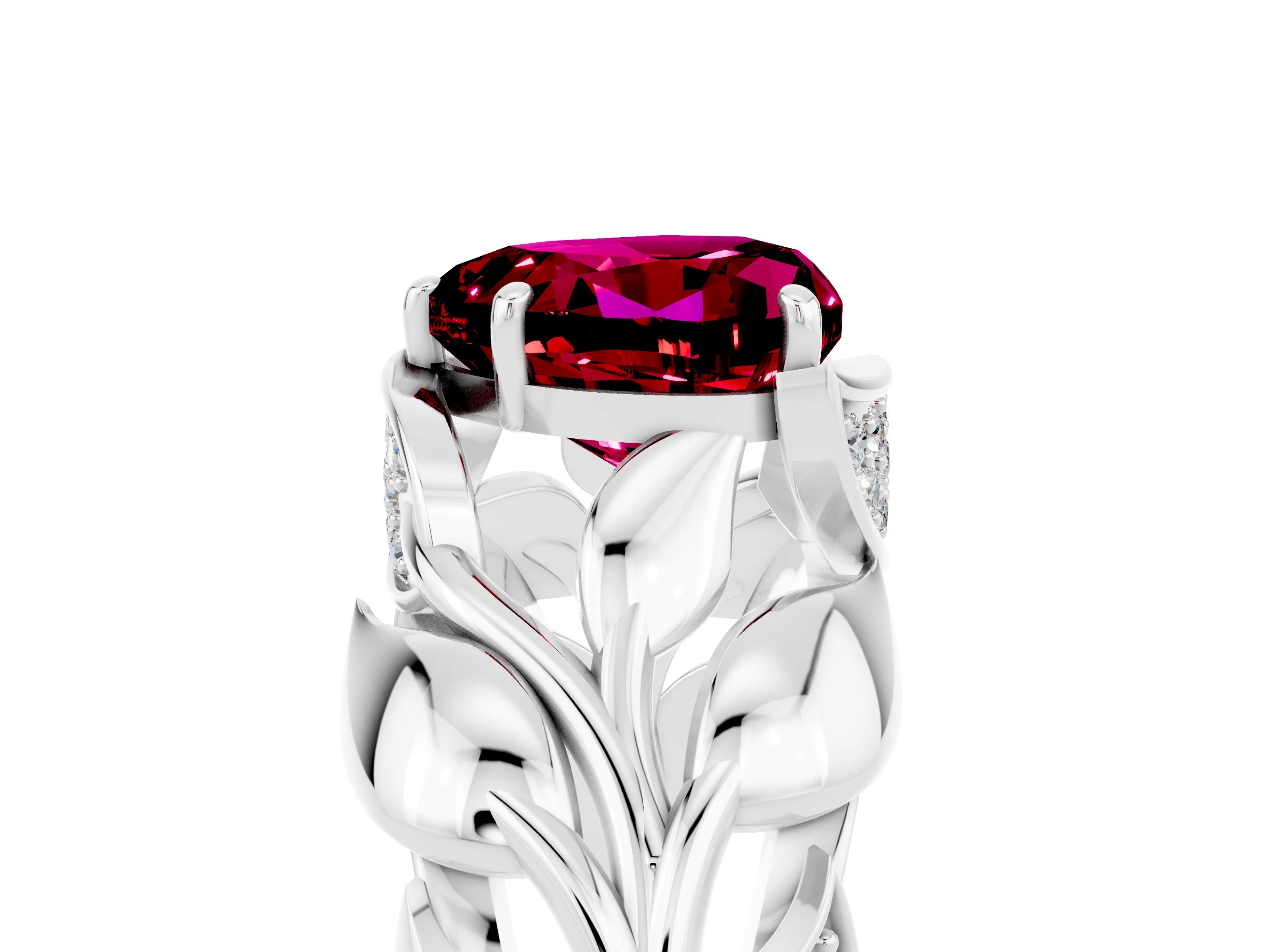 White gold Heart Cut Solitaire Leaf-Inspired Engagement Ring with Prong Setting_5