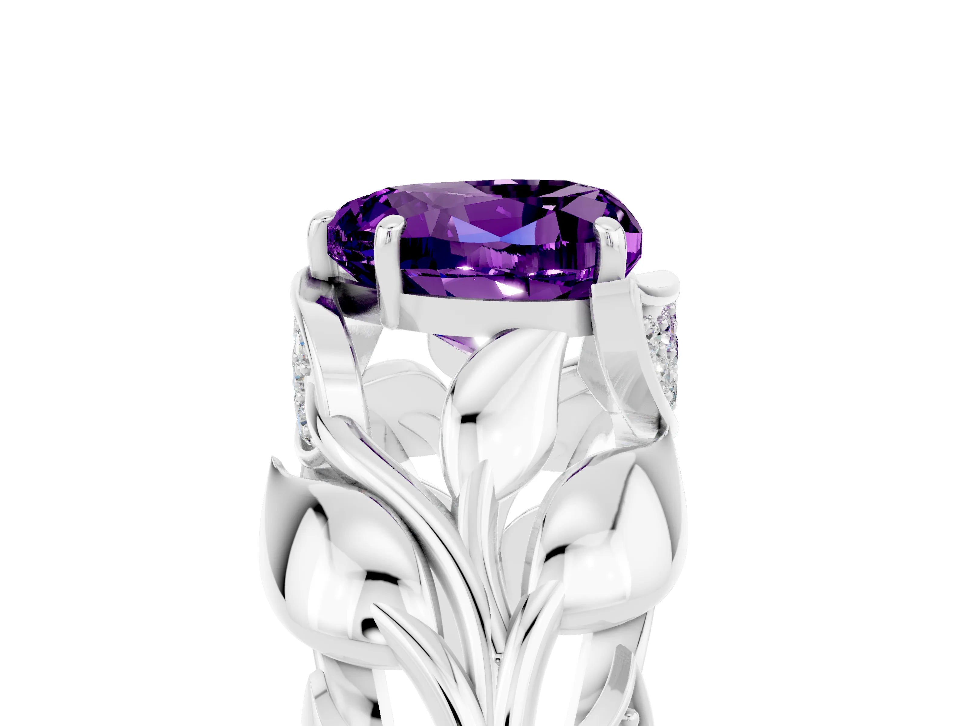 White gold Heart Cut Solitaire Leaf-Inspired Engagement Ring with Prong Setting_5