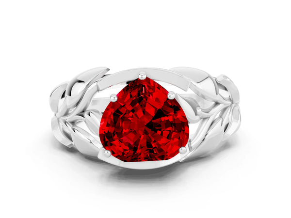 Silver Heart Cut Ruby Leaf-Inspired Engagement Ring with Round Accents and Prong Setting