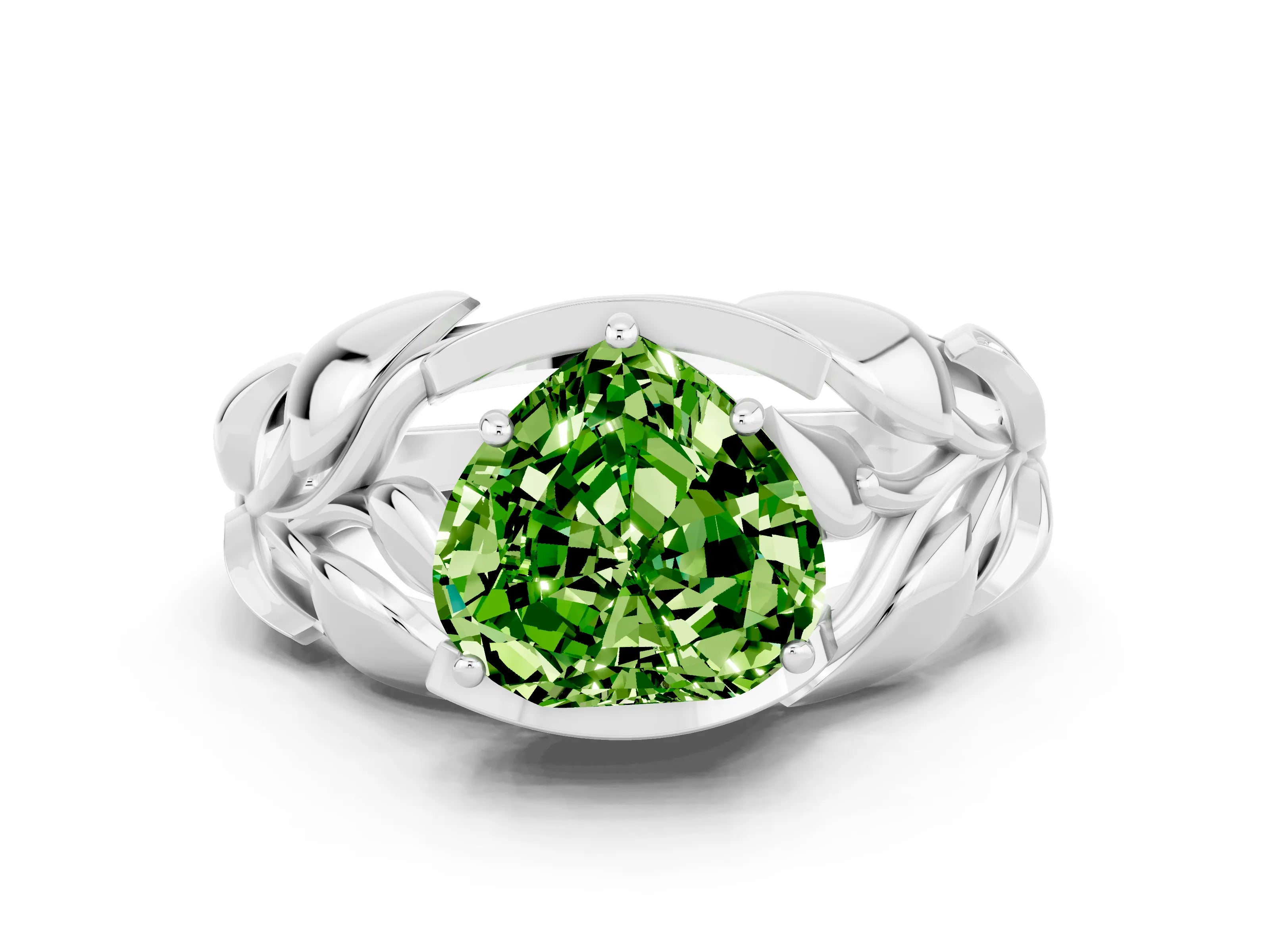 White gold Heart Cut Solitaire Leaf-Inspired Engagement Ring with Prong Setting