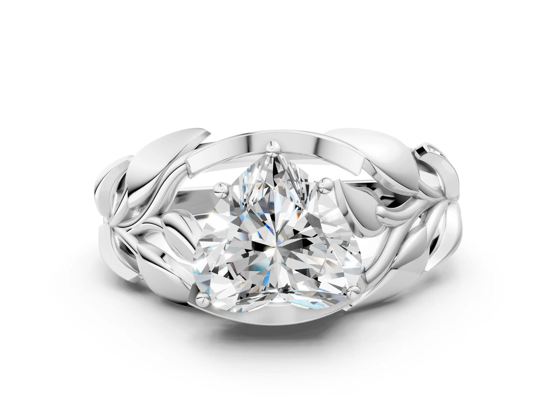 White gold Heart Cut Solitaire Leaf-Inspired Engagement Ring with Prong Setting_7
