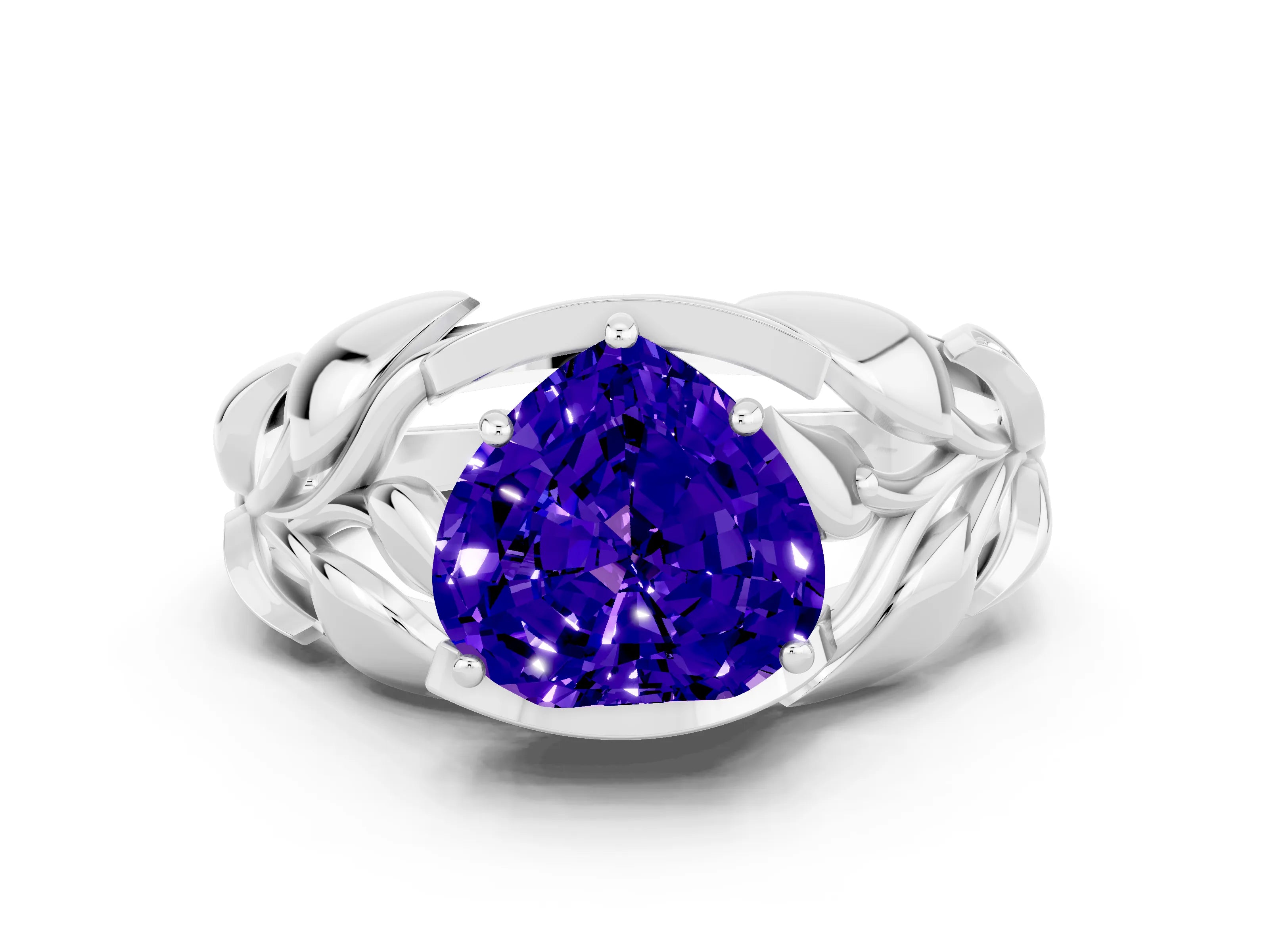 White gold Heart Cut Solitaire Leaf-Inspired Engagement Ring with Prong Setting