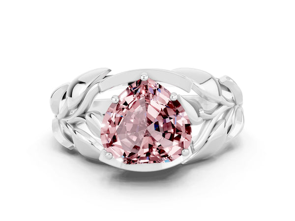 Platinum Heart Cut Solitaire Leaf-Inspired Engagement Ring with Prong Setting