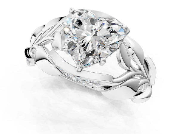 White Gold Heart-Shaped Leaf Bypass Engagement Ring Setting with Pave Leaf Panels