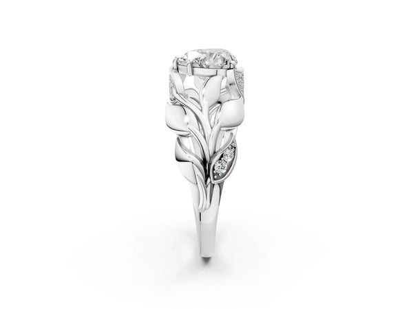 White Gold Heart-Shaped Leaf Bypass Engagement Ring Setting with Pave Leaf Panels