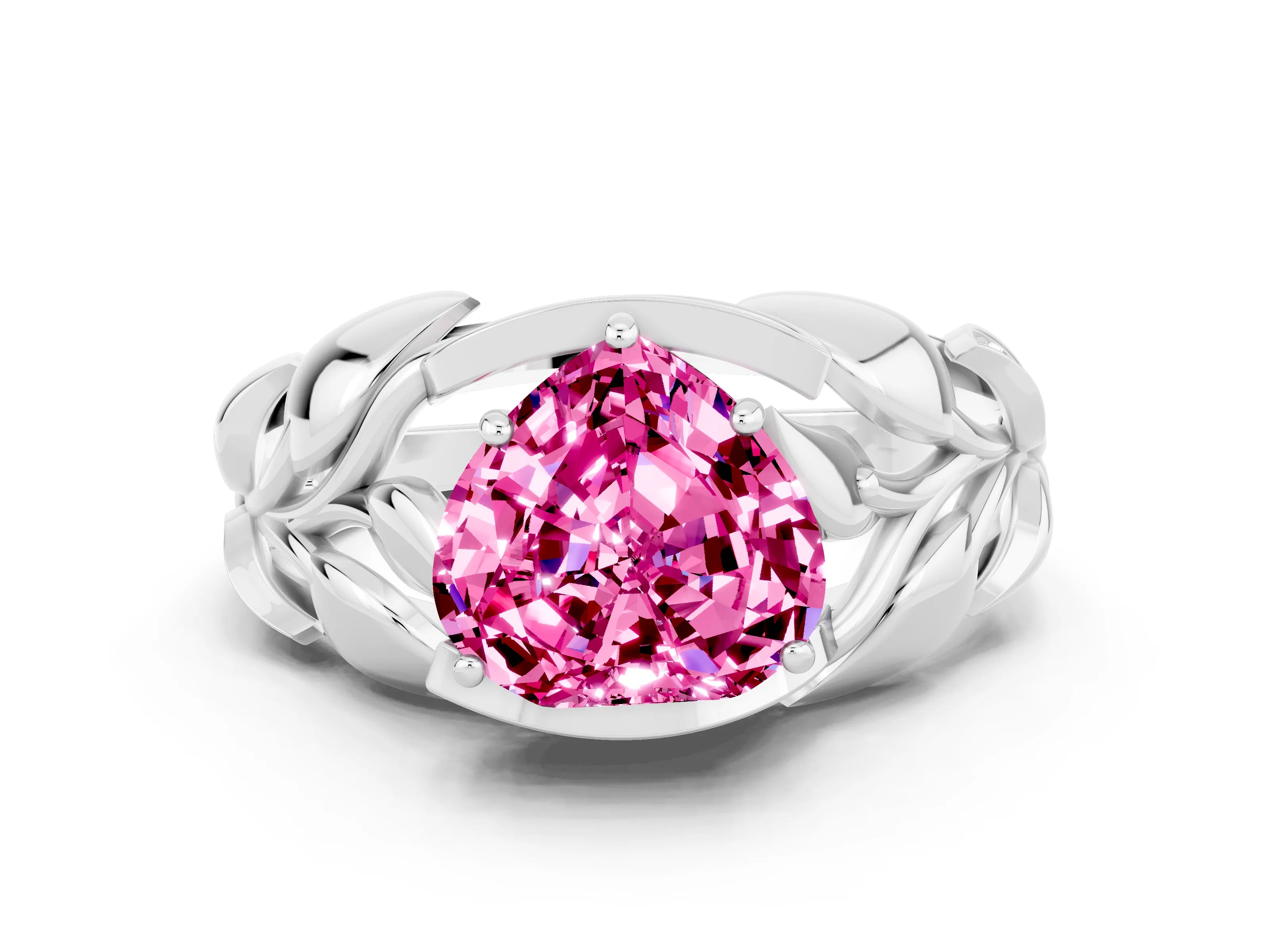 White gold Heart Cut Solitaire Leaf-Inspired Engagement Ring with Prong Setting