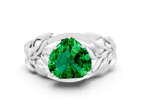 White gold Heart Cut Solitaire Leaf-Inspired Engagement Ring with Prong Setting