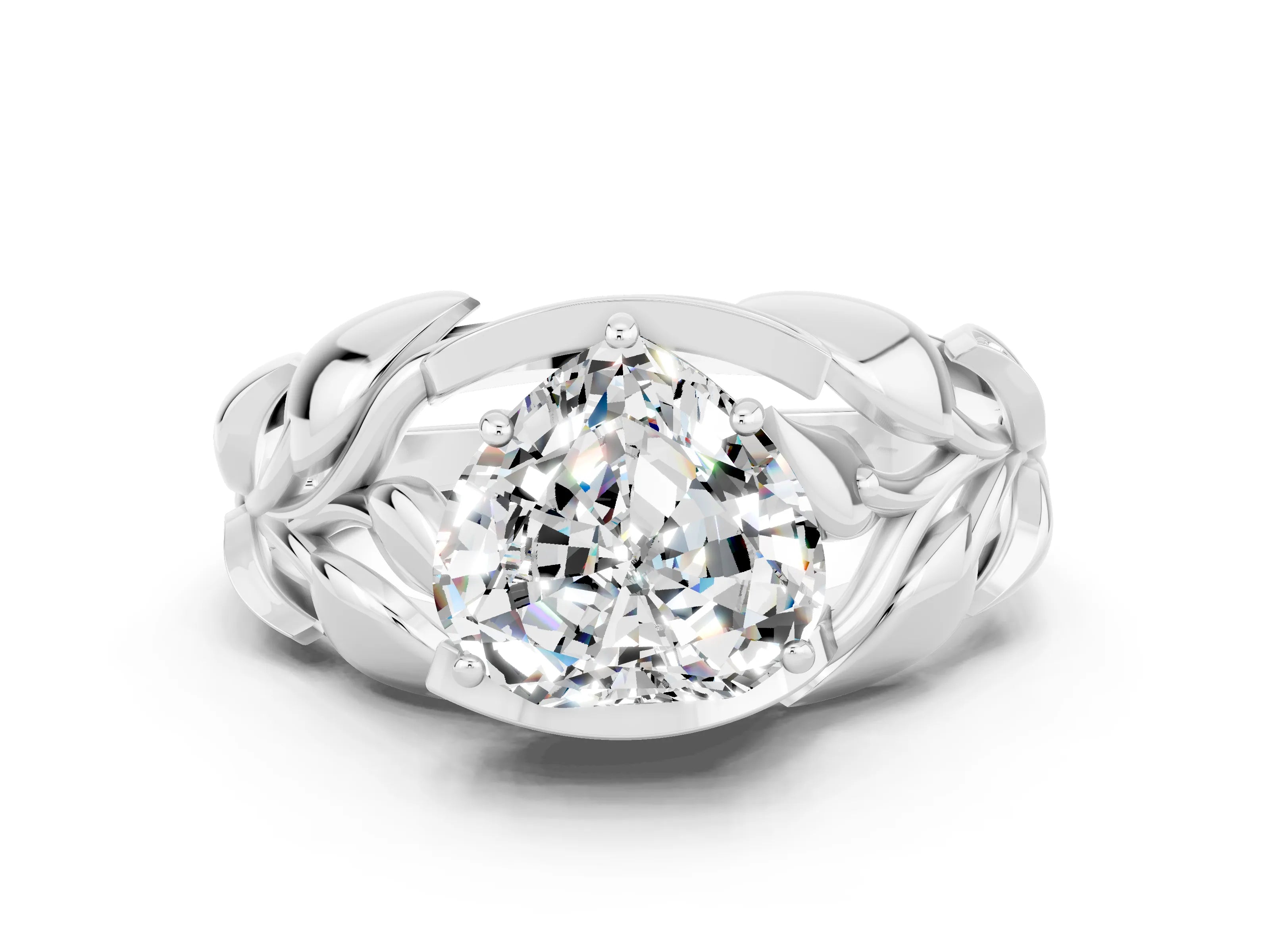 White gold Heart Cut Solitaire Leaf-Inspired Engagement Ring with Prong Setting
