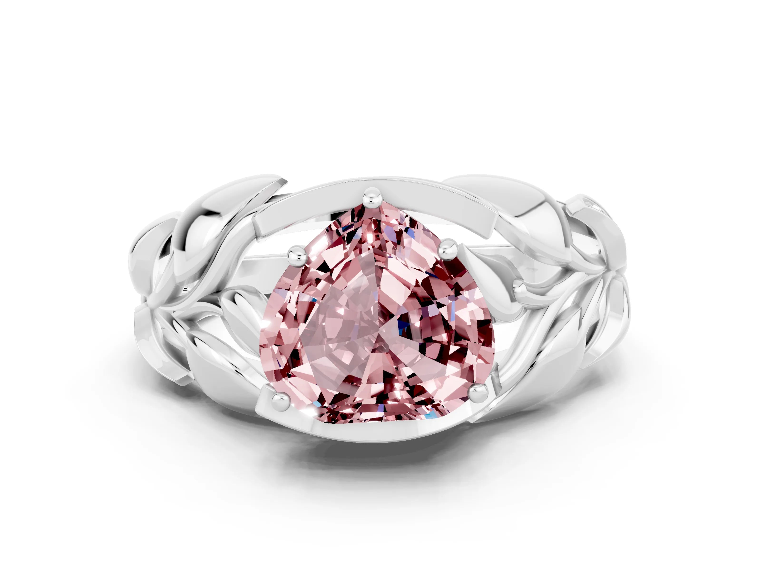 White gold Heart Cut Solitaire Leaf-Inspired Engagement Ring with Prong Setting