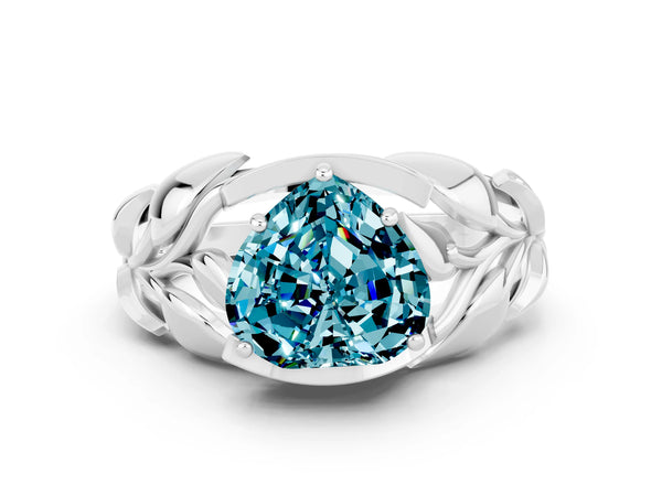 Platinum Heart Cut Solitaire Leaf-Inspired Engagement Ring with Prong Setting