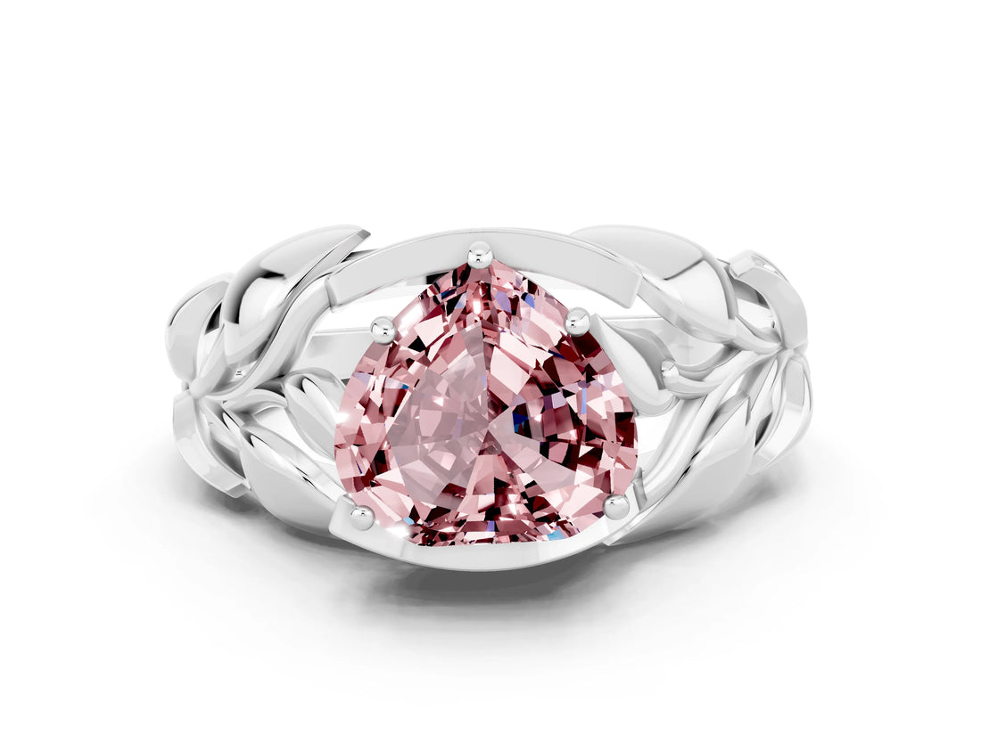 White gold Heart Cut Solitaire Leaf-Inspired Engagement Ring with Prong Setting