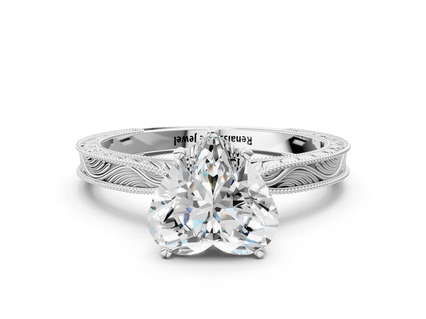 White gold Round Solitaire Milgrain Engraved Band with Four-Prong Setting