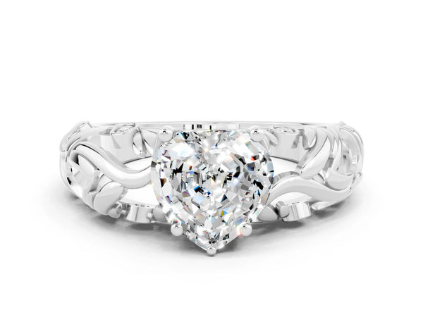Platinum Heart Cut Solitaire Moissanite Leaf-Inspired Vine Band Ring with Prong Setting