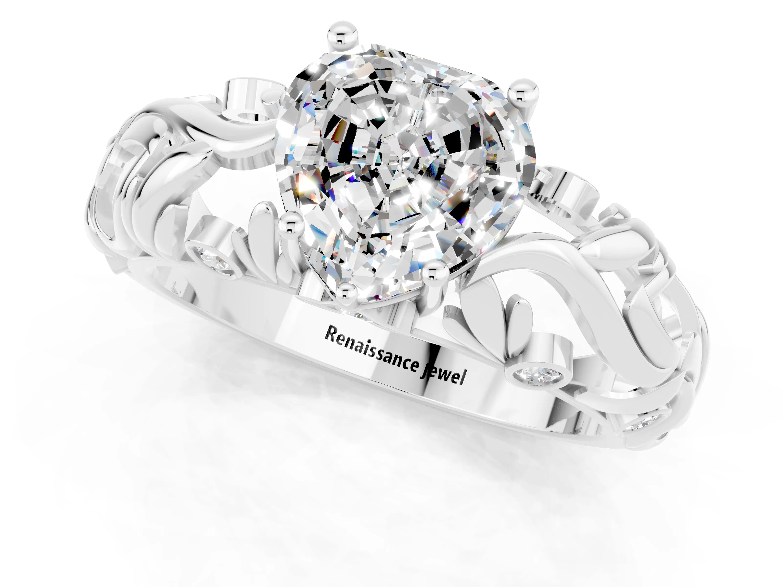 White gold Heart Cut Solitaire Moissanite Leaf-Inspired Vine Band Ring with Prong Setting_1