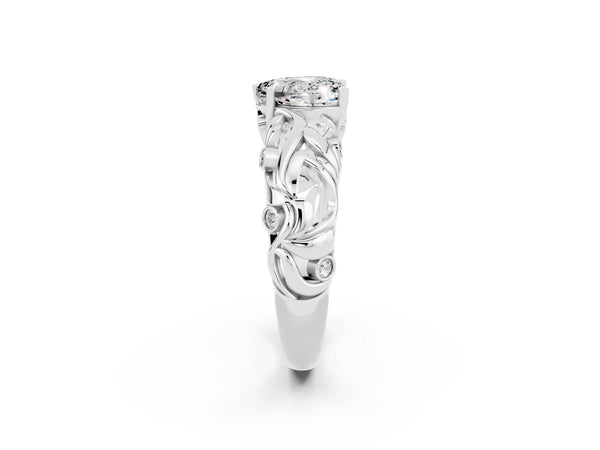 Platinum Heart Cut Solitaire Moissanite Leaf-Inspired Vine Band Ring with Prong Setting