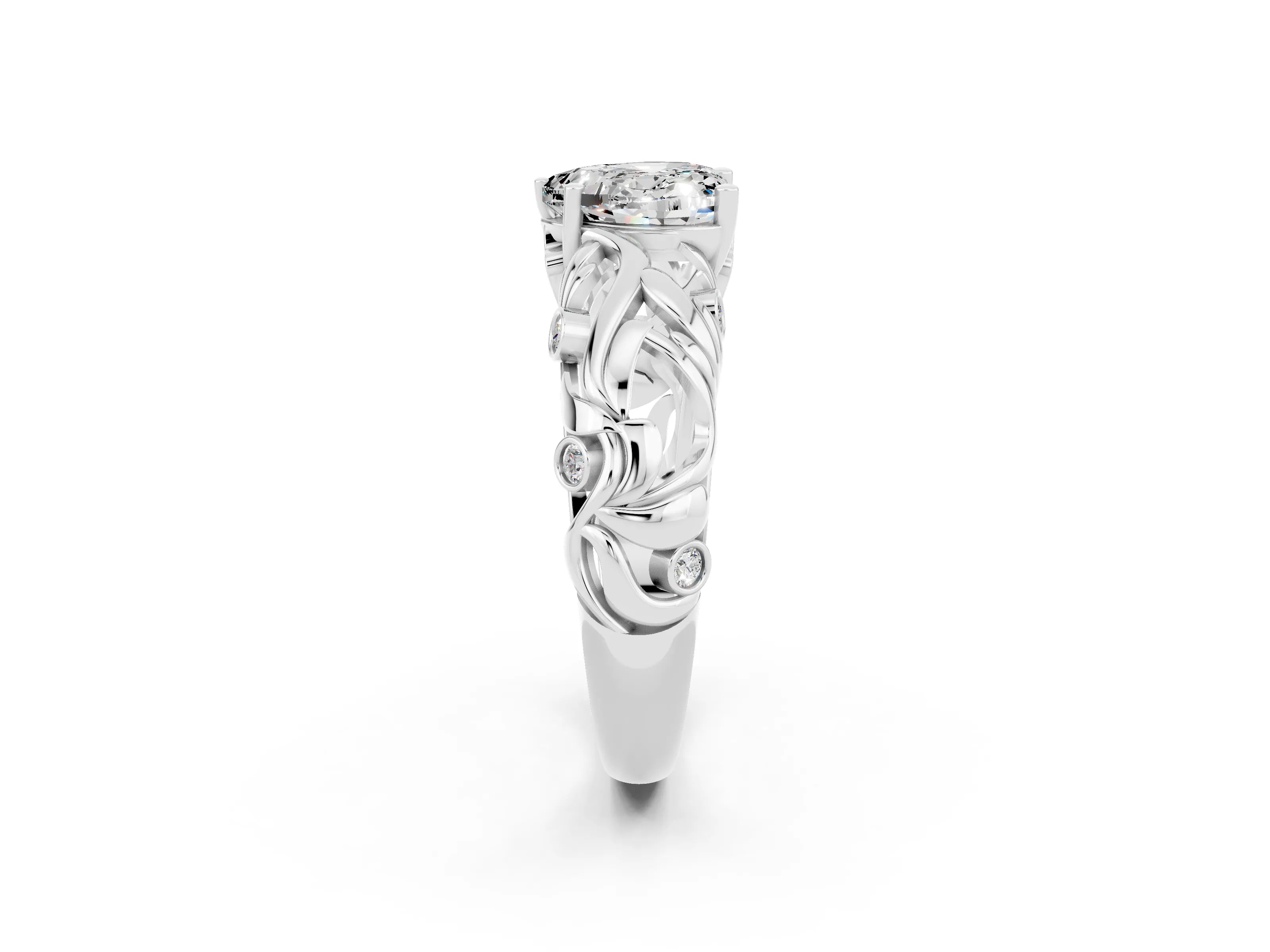 White gold Heart Cut Solitaire Moissanite Leaf-Inspired Vine Band Ring with Prong Setting_2